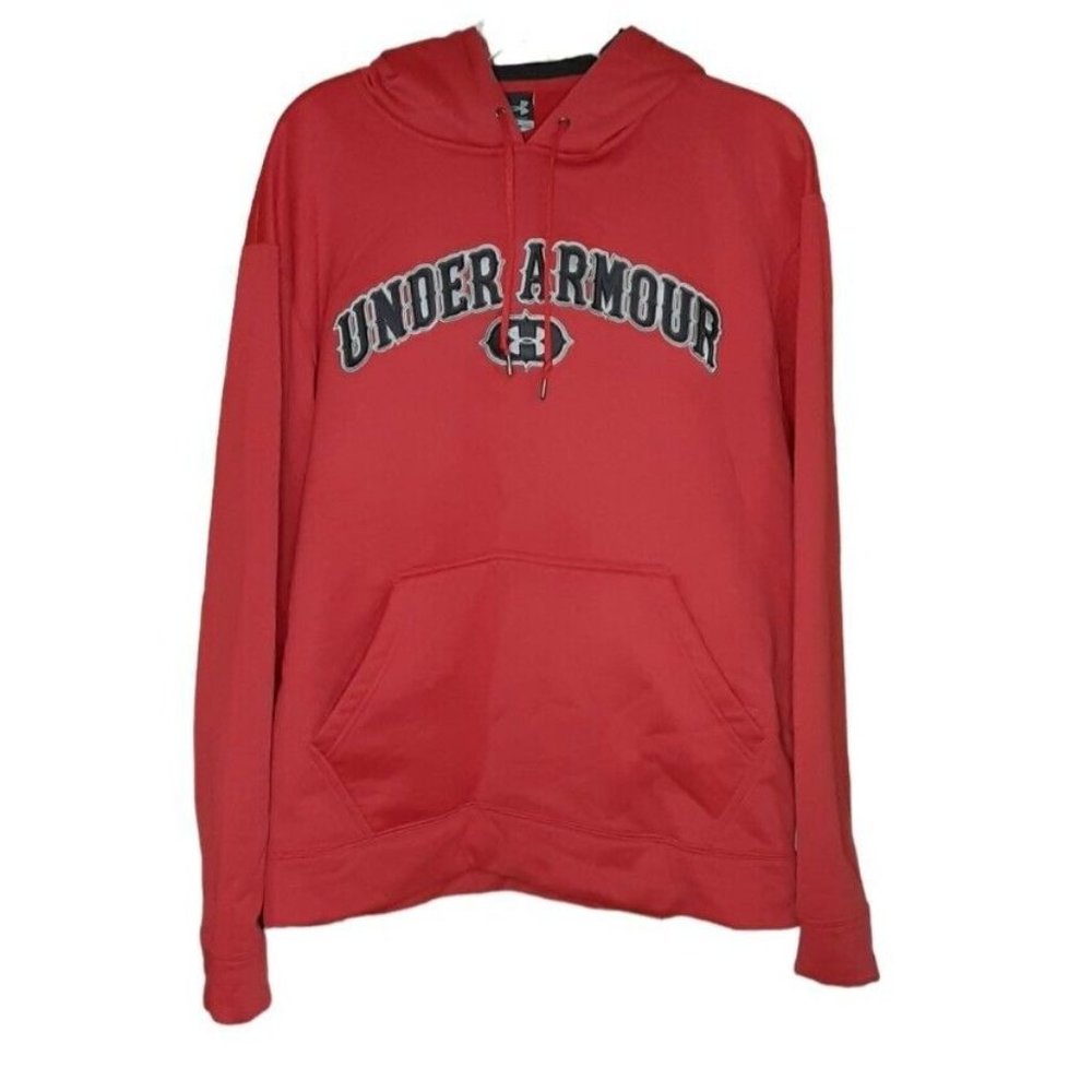 Under Armour Mens MD Red Black Hoodie‎ Front Pocket Pullover Sweatshirt L…